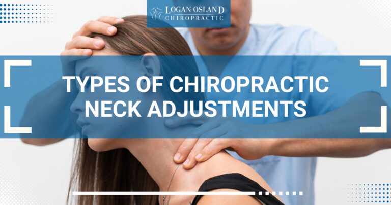 A chiropractor performs a neck adjustment on a patient, with the title "Types of Chiropractic Neck Adjustments" prominently displayed.